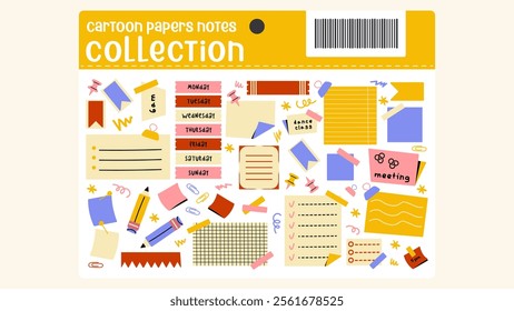 Set of cartoon papers notes, office forms. Sticky stickers reminders, notebook clippings, to-do list, to-do list, school stationery, planner, reminders on paper. Vector set of patches in retro doodle