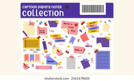 Set of cartoon papers notes, office forms. Sticky stickers reminders, notebook clippings, to-do list, to-do list, school stationery, planner, reminders on paper. Vector set of patches in retro doodle