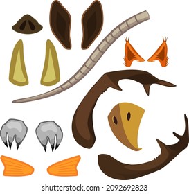 Set of cartoon part of body of wild animals isolated on white background
