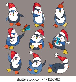 Set cartoon patch badges or fashion pin badges.Penguin in christmas hat hand drawn vector full color sketch.