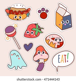 Set cartoon patch badges or food pin badges.Hand drawn vector full color sketch.