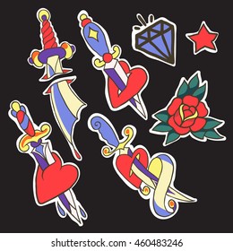 A set of cartoon patch tattoo pin badges. Old school stickers vector