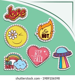 set of cartoon patches such as heart rainbow