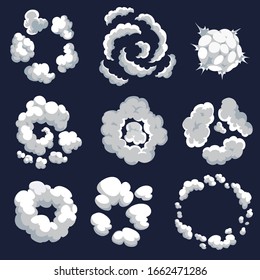 Set Of Cartoon Pattern Of Smoke Clouds. Bomb Blast. Comic Vector Fog Puff. Steam Clouds, Watery Vapours Or Dust Explosions Element