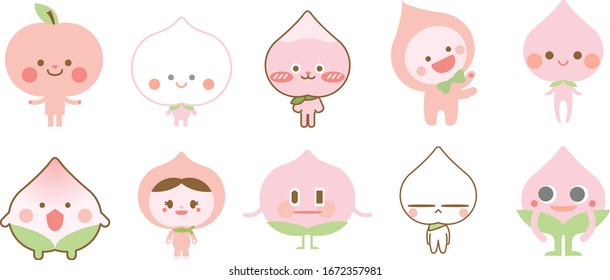 Set of cartoon peach mascot. Collection of Peach mascot. Isolated Vector Illustration on white background.