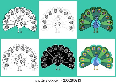 Set of cartoon PEACOCK in 6 styles, Vector illustration