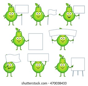 Set of cartoon pear characters posing with different blank banners. Cheerful pear holding placard, paper, poster, pointing to whiteboard, teach, promote. Flat style vector illustration