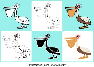 Set of cartoon PELICAN in 6 styles, Vector illustration