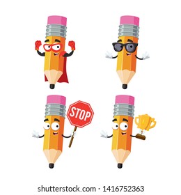 set of cartoon pencil with rubber eraser character mascot on white background