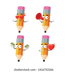 set of cartoon pencil with rubber eraser character mascot on white background