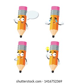 set of cartoon pencil with rubber eraser character mascot on white background