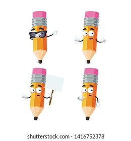 set of cartoon pencil with rubber eraser character mascot on white background