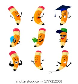 Set Cartoon Pencils Characters, School Stationery, Mascots with Education Items, Rucksack, Book, Academic Cap. Back to School Elements, Personage Isolated on White Background. Vector Illustration