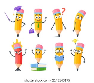Set of Cartoon Pencils Characters, School Stationery Mascots with Education Items, Read Book, Wear Academic Cap. Back to School Elements, Personages Isolated on White Background. Vector Illustration