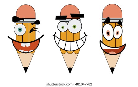 Set of cartoon pencils characters smiling color line student. 