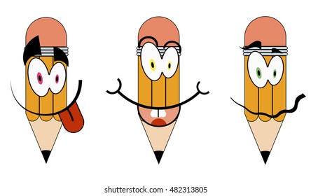 Set of cartoon pencils characters smiling color line student. 
