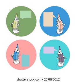 Set of cartoon pencils with different bubble speech.Vector illustration.