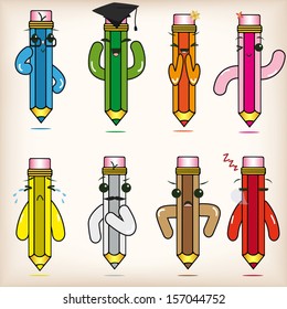 Set of cartoon pencils with different facial expressions