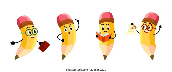 Set of cartoon pencils with emoji faces. Childish pencils mascot crayons characters wearing glasses and reading book isolated on white background. Vector illustration