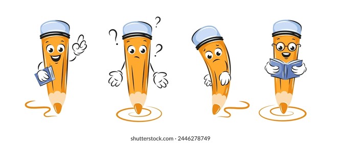 Set of cartoon pencils with faces. Pencil reads a book, thinks, is sad, points with a finger. Vector illustration stationery for children design or school.