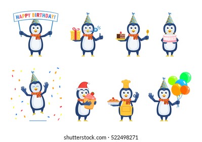 Set of cartoon penguin characters posing in different situations. Cheerful penguin holding birthday banner, gift box, cake, pie, cupcake, balloons. Birthday celebration. Flat vector illustration