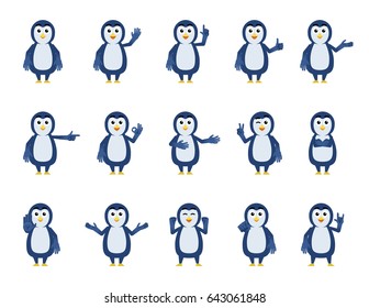 Set of cartoon penguin characters showing diverse hand gestures. Funny penguin pointing, greeting, showing thumb up, stop hand and other gestures. Simple vector illustration
