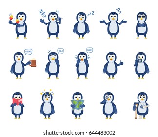 Set of cartoon penguin characters showing diverse actions, emotions. Funny penguin celebrating, sleeping, laughing, holding map, book, magnifier and doing other actions. Simple vector illustration