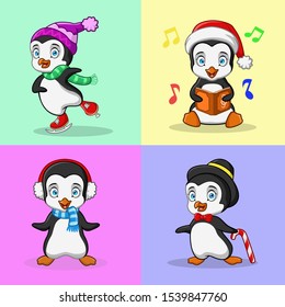 set of cartoon penguin christmas isolated on color background