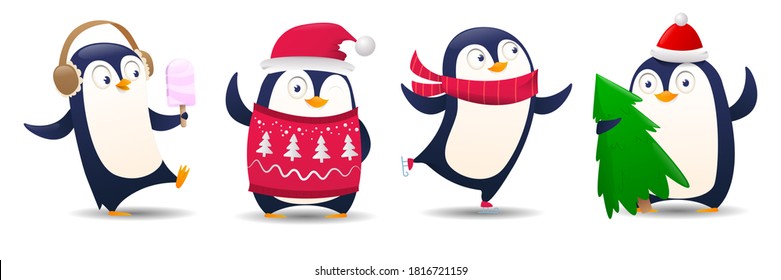Set of cartoon penguin. Christmas Penguins on white backdround. Illustration for greeting card template. Cute cartoon Christmas penguins in different emotions. Vector illustration