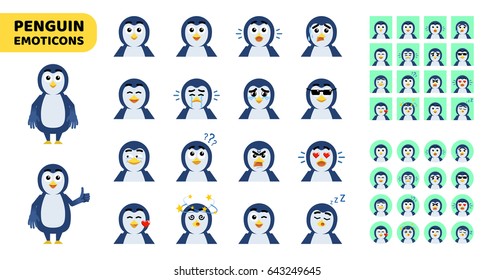 Set of cartoon penguin emoticons. Funny penguin avatars showing diverse facial expressions. Happy, sad, laugh, surprised, angry, dazed, in love, sleepy and other emotions. Simple vector illustration