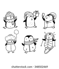 set of cartoon penguin wearing winter coat