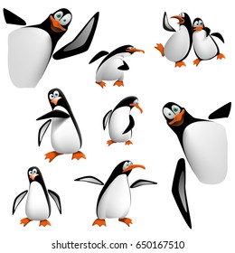 Set of cartoon penguins.
Funny penguins isolated on white background. Vector illustration, 3D.