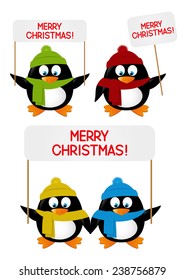Set of cartoon penguins with greeting cards