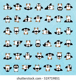 Set of cartoon penguins on blue ice. Vector illustration.