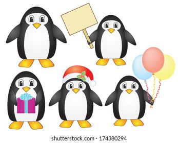 set of cartoon penguins over white