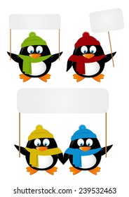 Set of cartoon penguins with paper cards