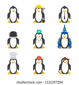 Set of cartoon penguins with various professions. Vector drawing on white background..