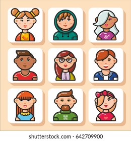Set of cartoon people avatars- face icons. Vector Isolated flat colorful illustration.