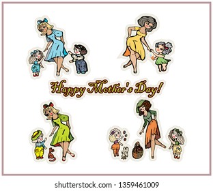 set of cartoon people. bright multi colored hand drawn illustration. happy family. Mom and a kids. funny amazing comic humorous characters. quiver full of children. card Mother's Day