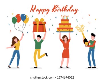 Set cartoon people characters laughing and smiling, holding gifts, cake, champagne and air balloons. Happy birthday flat vector concept. 