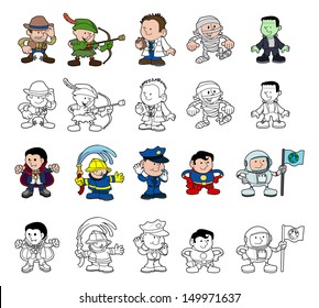 A Set Of Cartoon People Or Children Playing Dress Up. Color And Black And White Outline Versions.