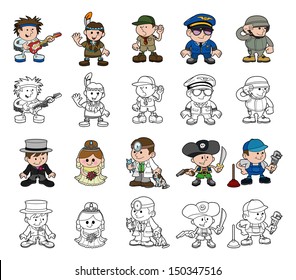 A Set Of Cartoon People Or Children Playing Dress Up. Includes Color And Black And White Outline Versions.