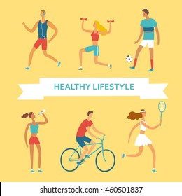 Set of cartoon people doing sport exercises. Including cycling, fitness with weights, tennis,drinking water, running, football. Healthy lifestyle illustration for your design.