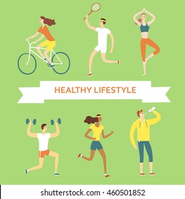 Set of cartoon people doing sport exercises. Including cycling, fitness with weights, tennis,drinking water, running, yoga. Healthy lifestyle illustration for your design.