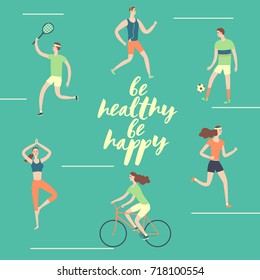 Set of cartoon people doing sport exercises. Including cycling, fitness, tennis, running, yoga and be happy title. Healthy lifestyle illustration for your design.