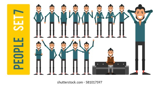 A set of cartoon people in flat style. The group of characters in different poses. Vector illustration on a white background.