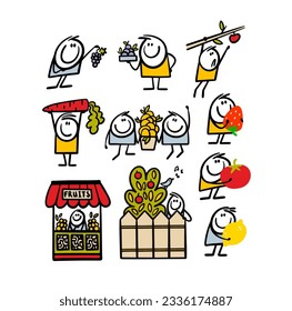 Set of cartoon people holding ecological food from the garden and farm. Vector illustration of fresh and delicious fruits and vegetables. The men have harvested a cartoon crop.