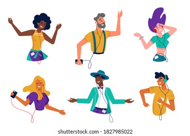Set of cartoon people listen to music using headphones. Flat characters with earphones listening to mp3 sound. Adult and teenager musical lover dance. Smartphone audio theme. Entertainment