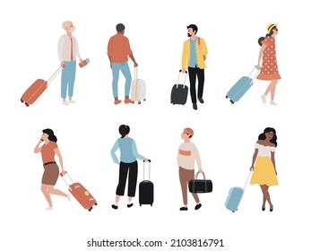 Set of cartoon people with luggage and suitcases at the airport