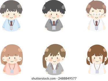 set of cartoon people a cartoon office worker with a name tag on their chest and a cartoon girl office worker with a badge on her chest